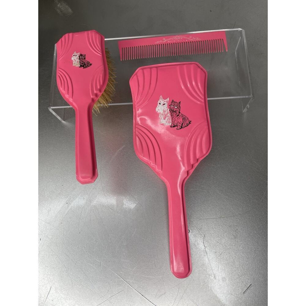 Vintage Doll Girl Pink Mirror Brush Comb Scottie Dogs Print Made In USA